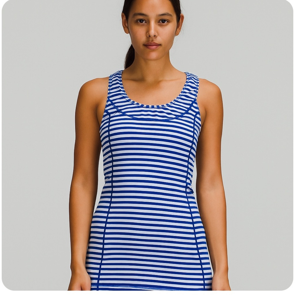 * Lululemon Run Stay on Course Striped Blue White Ruched Tank Top Size 4